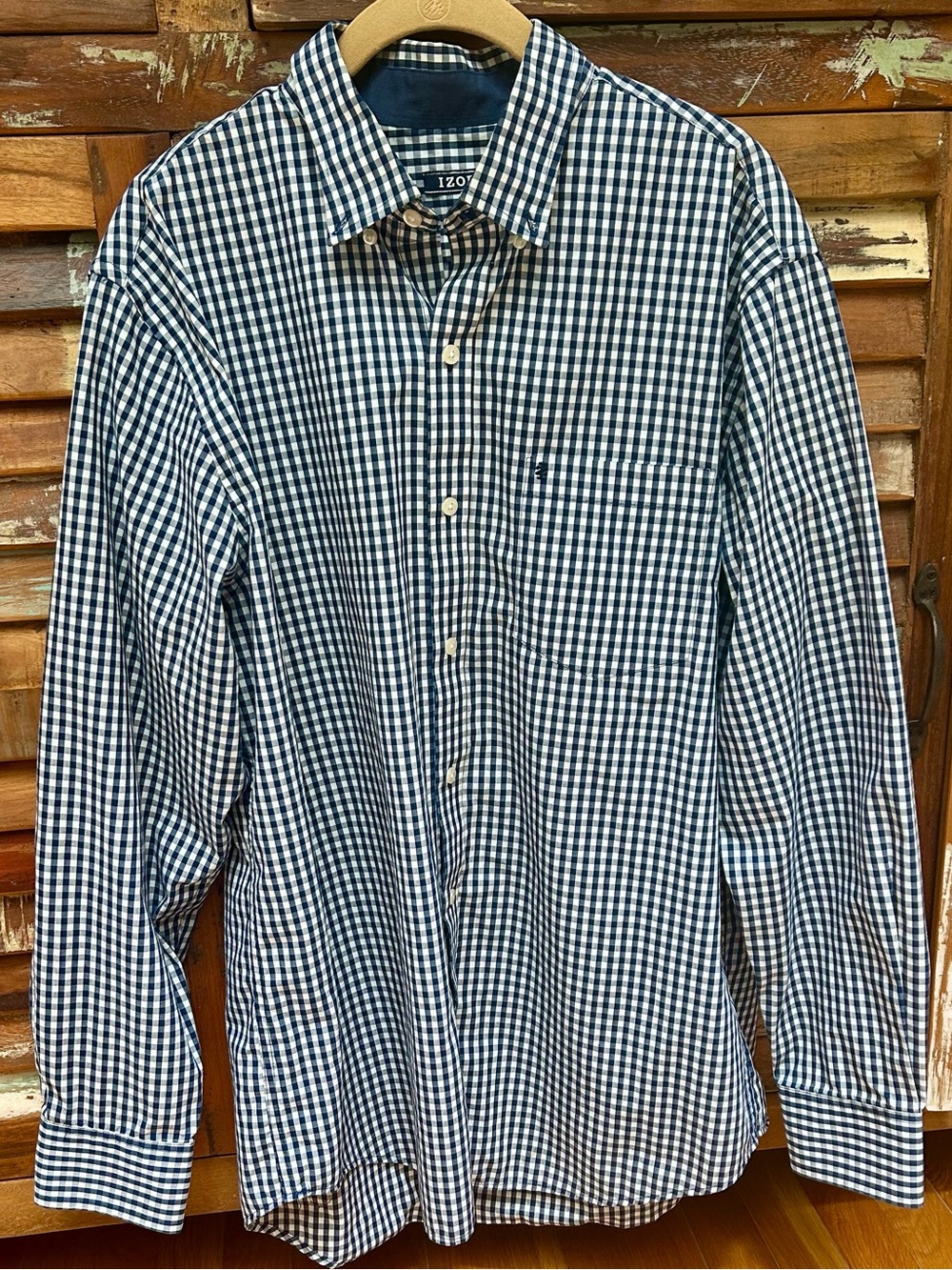 Izod Men’s Navy and White Gingham Button-Down Shirt